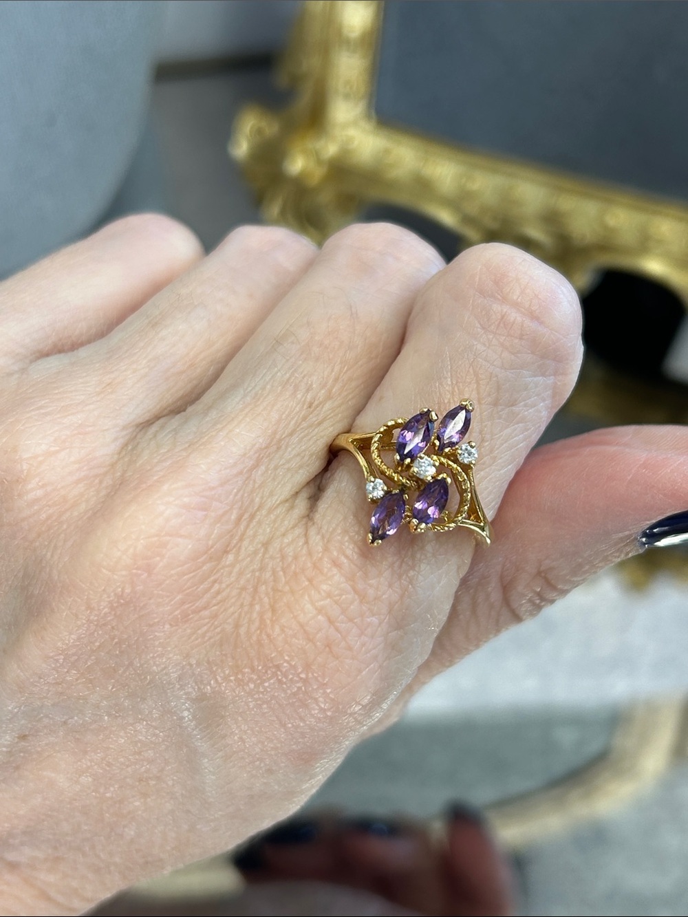 Gold-Plated 925 Sterling Amethyst Cluster Ring - Purple Sparkle